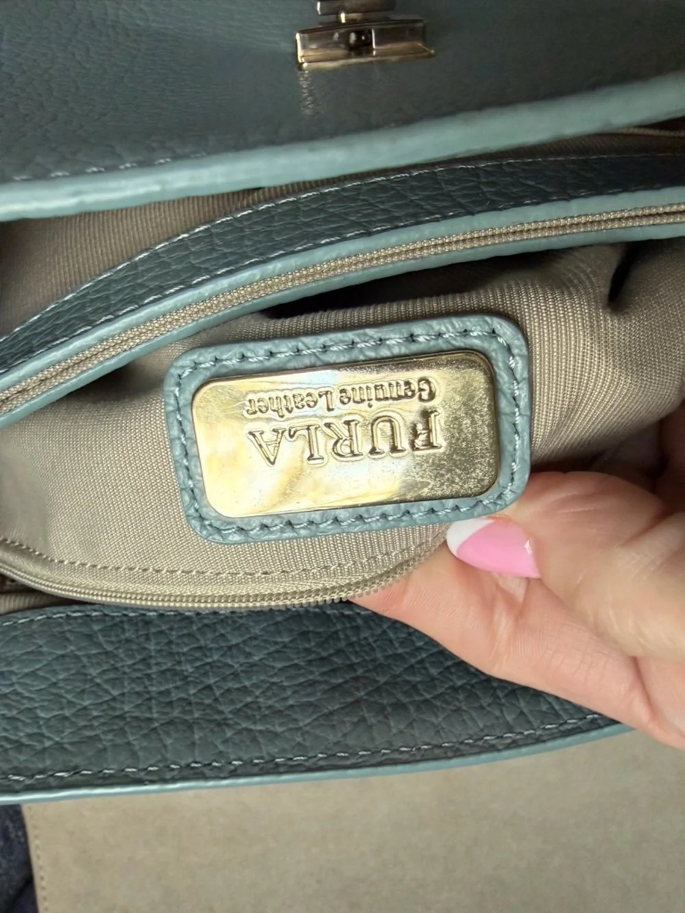 Furla Pebbled Leather Satchel in Pale Blue with Gold Hardware